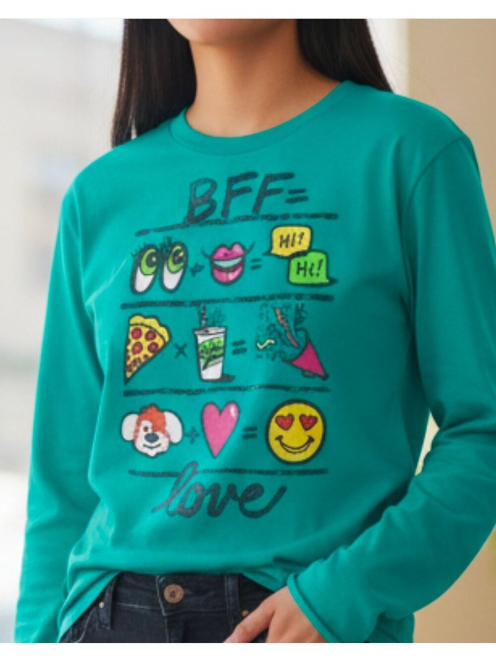 Hanes Girls Green Long Sleeve Graphic Tee With "BFF Love" Emoji Design Soft Rayo